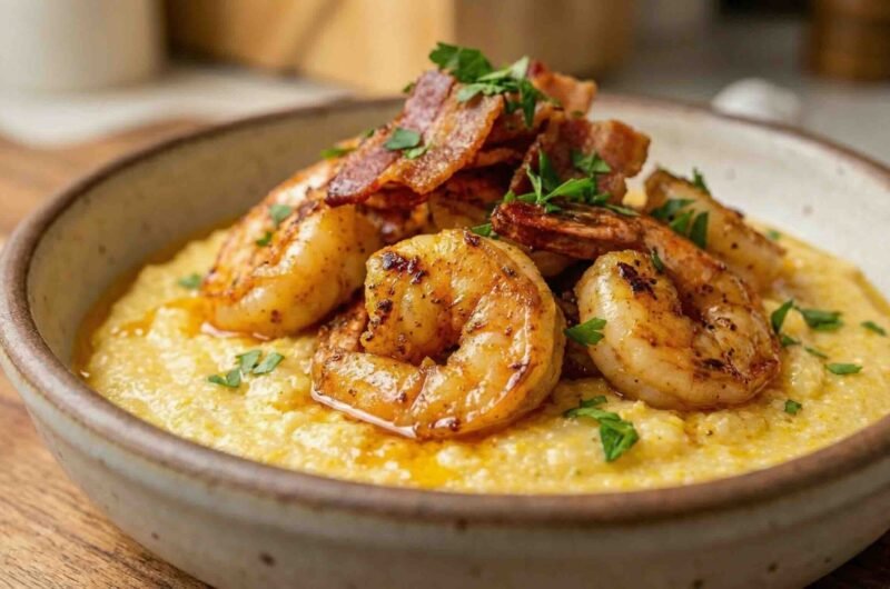 Camarones con grits cremosos